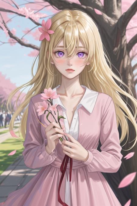 01809-1455837886-1girl,solo,blonde hair,long hair,flower,holding,cherry blossoms,dress,hair flower,looking at viewer,petals,hair ornament,hair be.png